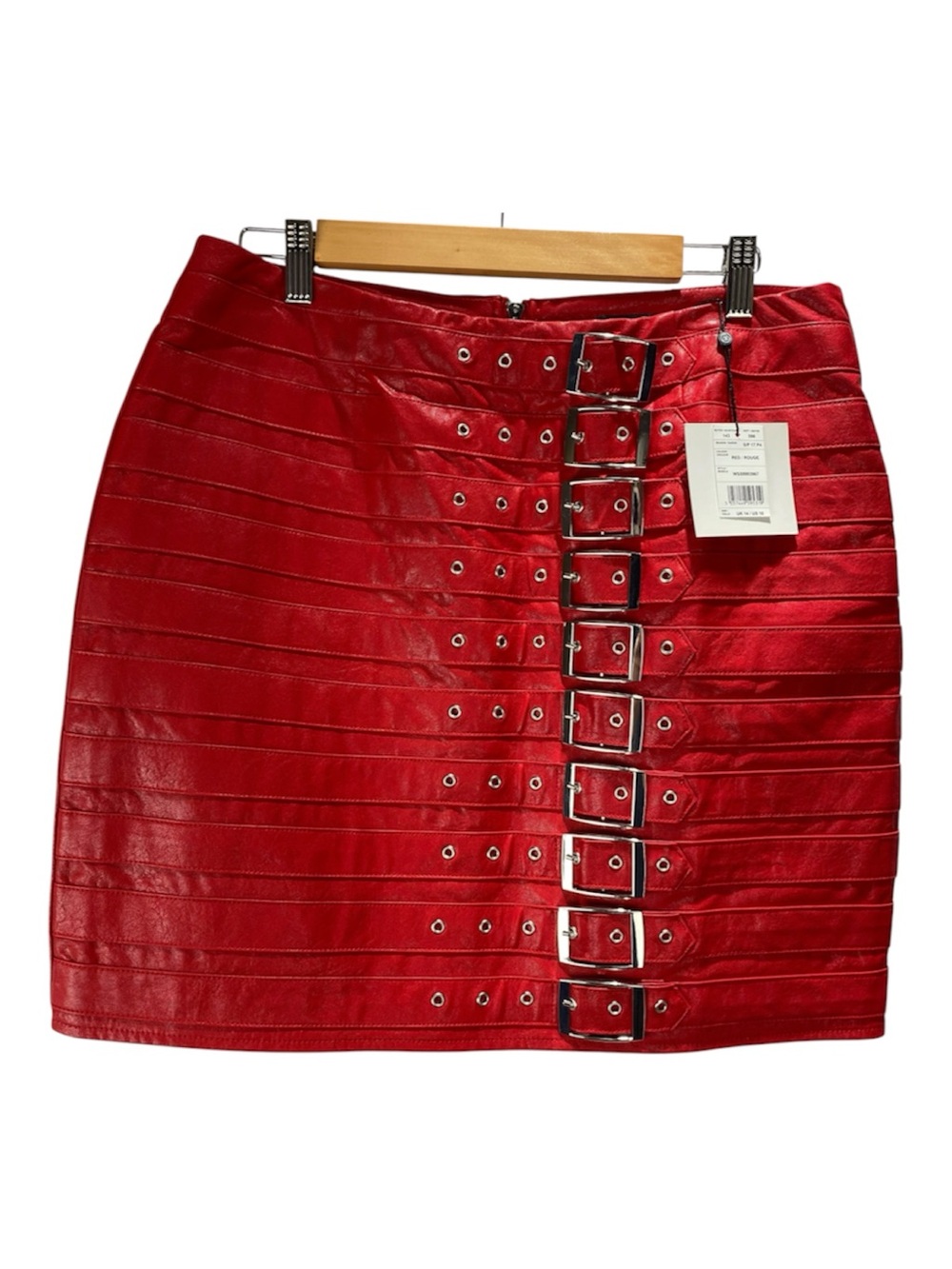 New Faux Leather Straight Mini Skirt Size 10 CherryRed Buckle Details Rocker - Picture 2 of 13